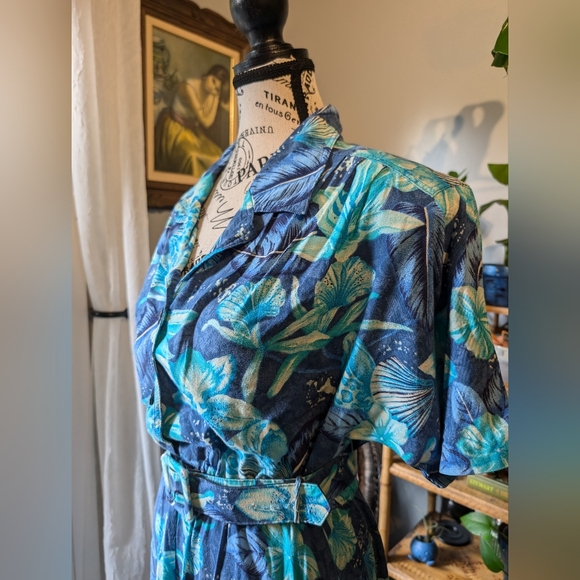 Vintage Blue Tropical Print Women's Dress Size M - Picture 5 of 9